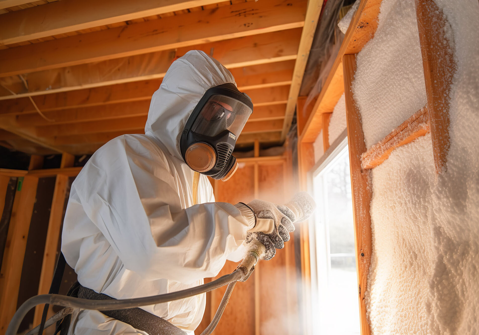 Worker spraying foam insulation on walls.